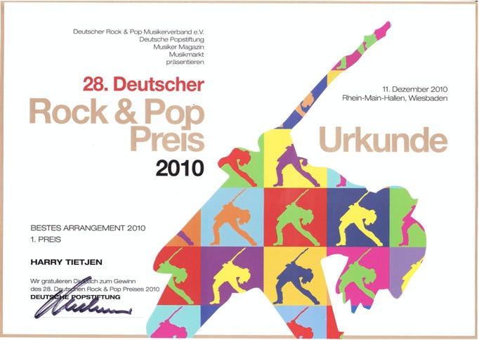 Harry Tietjen Urkunde Deutscher Rock und Poppreis 2010